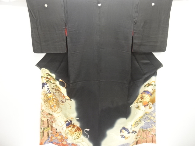 JAPANESE KIMONO / ANTIQUE TOMESODE / SILK / EMBROIDERY / KINSHA / ROUGH WAVE